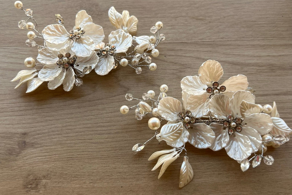 Tocado Novia Set 2 Pinches Flores Nacar