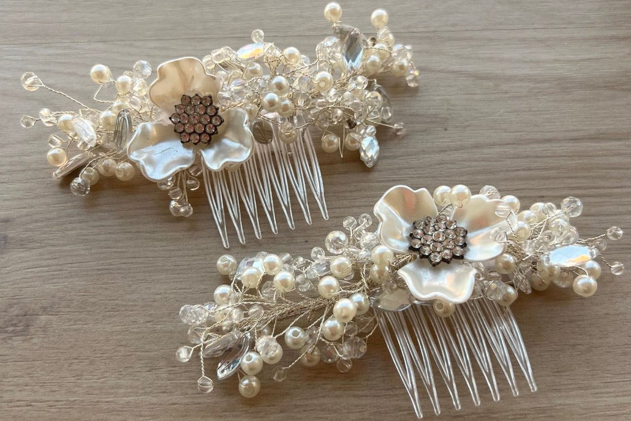 Tocado Novia Set 2 Peinatas con Flor Nacar y Perlas