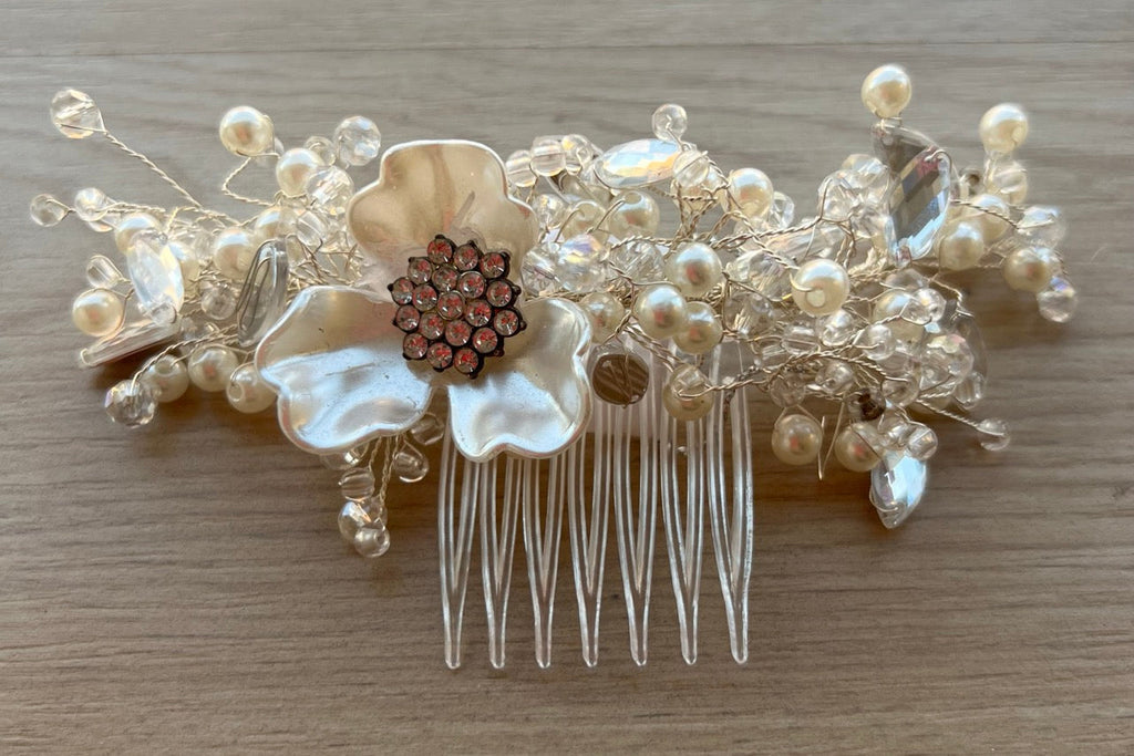Tocado Novia Set 2 Peinatas con Flor Nacar y Perlas