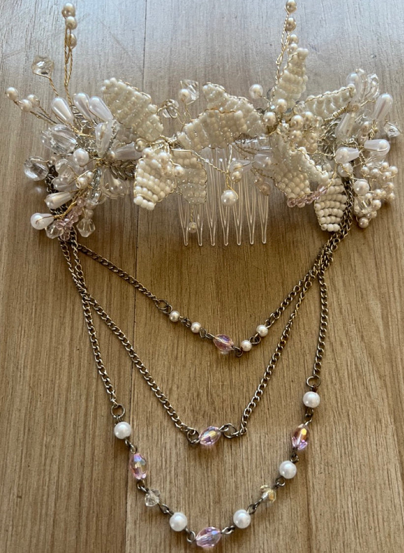 Tocado Novia Perlas Mostacillas Flores Hilo Plateado