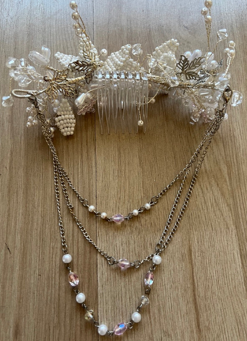 Tocado Novia Perlas Mostacillas Flores Hilo Plateado